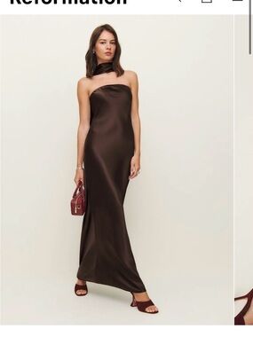 Reformation Chocolate Brown Satin Strapless Gown with Neck Scarf
